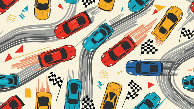 Exciting seamless pattern of colorful sports cars drifting on a race track with smoke and checkered flags for motorsport fans.