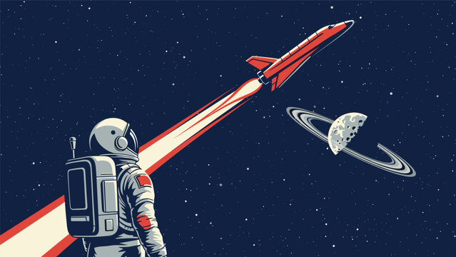 Epic pixel art scene of an astronaut standing on a moon and watching a red rocket launch into space past a planet with rings and stars.