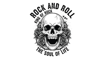 Fototapeta premium Rock and roll themed graphic emblem featuring a human skull surrounded by roses and thorns with text reading king of rock and soul of life.