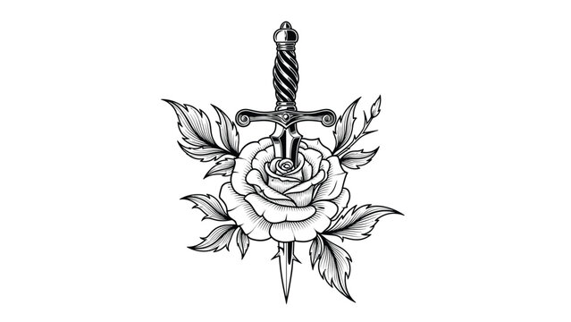 Detailed black and white engraving of a sharp dagger piercing through a blooming rose flower with thorns and leaves for tattoo or emblem use.