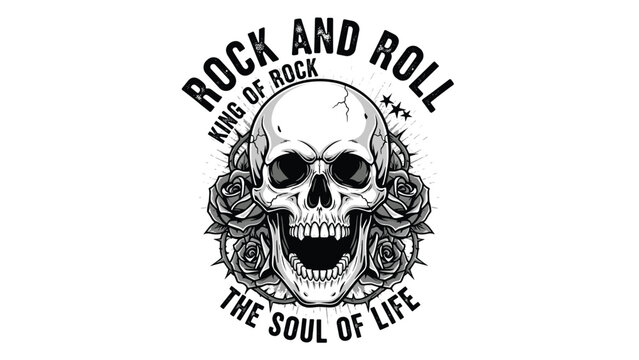 Rock and roll themed graphic emblem featuring a human skull surrounded by roses and thorns with text reading king of rock and soul of life.