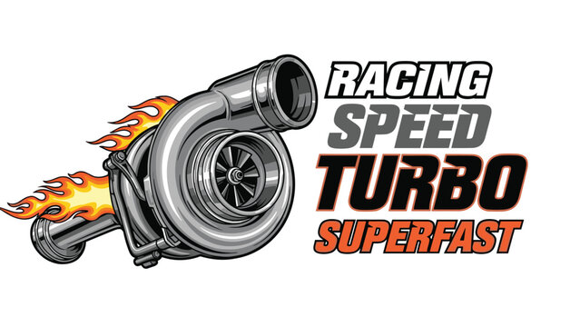 High speed racing logo featuring a powerful chrome turbocharger engulfed in orange flames with bold typography for automotive performance branding.