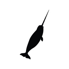 Black silhouette of a narwhal swimming upwards white background © Tanzina_Rahman