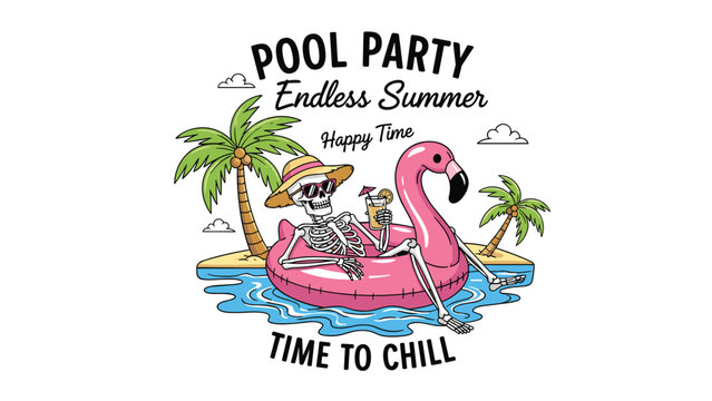 Fun summer illustration of a skeleton wearing sunglasses and a sun hat while relaxing on a flamingo floatie in the pool with a tropical drink.
