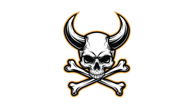 Bold graphic of a human skull with large curved bull horns and crossed bones at the base, outlined with a thin golden yellow border for impact.