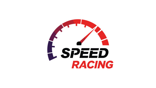 Speed racing logo featuring a stylized speedometer gauge with a needle pointing to high speed and a color gradient from purple to bright red.