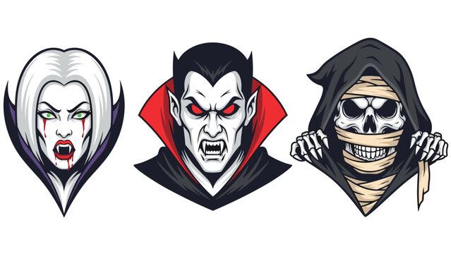 Trio of horror movie monster heads featuring a female vampire, count dracula, and a bandaged mummy in a colorful comic book style.