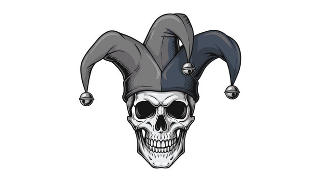 Human skull wearing a traditional two-colored jester hat with bells in a detailed hand-drawn illustration style for dark comedy themes.