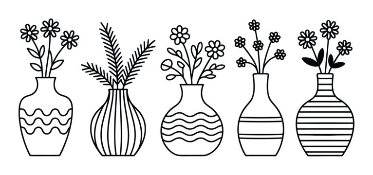 Decorative Vases with Flowers Vector Illustration