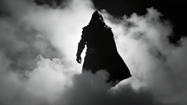 Mysterious hooded figure silhouette in thick smoke, suitable for fantasy concepts, mystery themes, dramatic backgrounds, and abstract art.