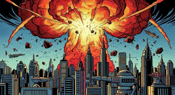 A cityscape faces destruction from an enormous explosion isolated on transparent background