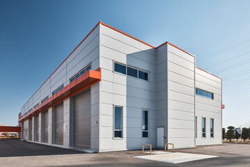 Obraz premium Industrial storage building corner with multiple loading bays in daylight