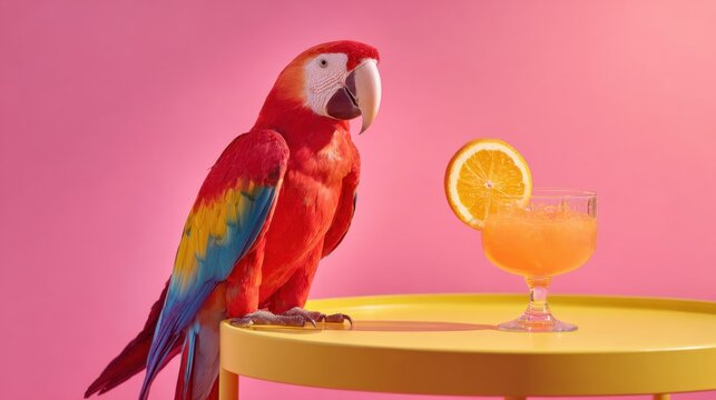 Bright scarlet macaw parrot standing beside orange cocktail on colorful summer background