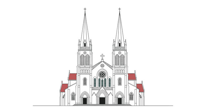 Detailed architectural drawing of a grand Gothic style cathedral with twin spires, intricate rose windows, and a classic red roof.
