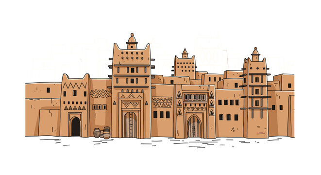 Traditional West African mud brick architecture with intricate patterns and multiple towers under a clear sky in a historic village.