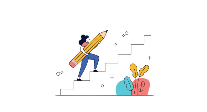 Simple line art illustration of a woman carrying a giant pencil while climbing a set of stairs towards her goals and future success.