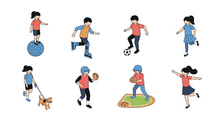 Fototapeta premium Diverse children participating in various outdoor sports and activities like soccer, skating, and walking a dog.
