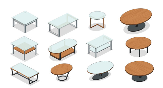 Collection of various modern coffee table designs in isometric view featuring high-quality glass and wooden materials.