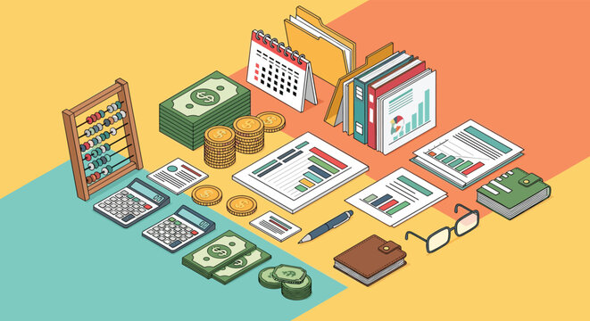 Detailed isometric workspace with financial tools including calculators, stacks of cash, coins, and data documents.