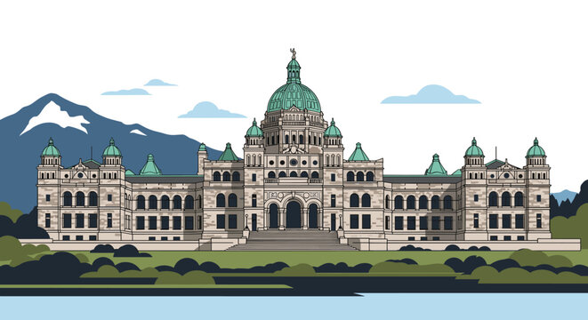 Grand historic parliament building stands before a backdrop of blue mountains with snowy peaks and a calm waterfront.