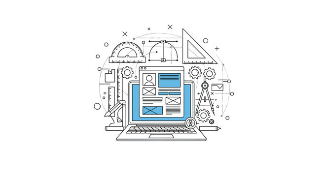 Modern web design concept illustration featuring a laptop surrounded by drafting tools, rulers, and geometric design elements.