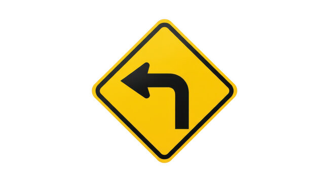 Yellow diamond road sign indicating a sharp left turn ahead on the highway. isolated on transparent background
