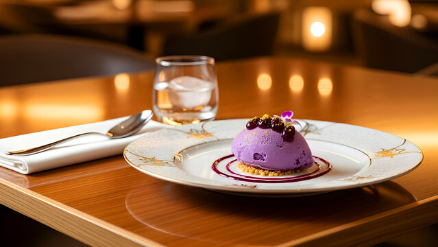 Purple Yam Ice Cream Dessert Plated in Fine Dining Restaurant Setting &mdash; Es Krim Ubi Ungu Disajikan dalam Konsep Fine Dining Restoran