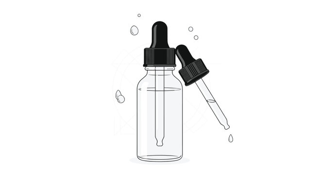 Clear glass dropper bottle with black cap and liquid inside accompanied by a separate dropper and water drops.
