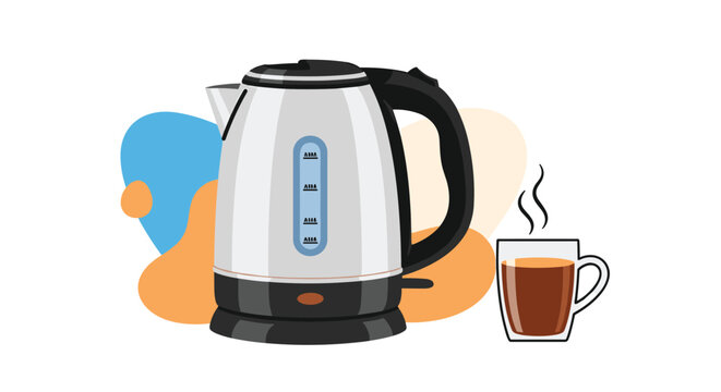 Modern electric kettle made of stainless steel next to a glass mug of hot tea or coffee with steam rising into the air.