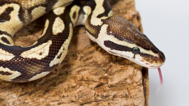 Close-Up of Ball Python Flicking Tongue While Exploring Textured Log