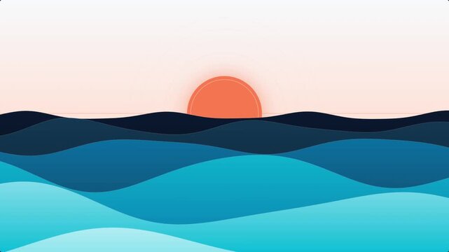 Seamless Looping Minimalist Geometric Ocean Waves and Coral Sun Background Animation