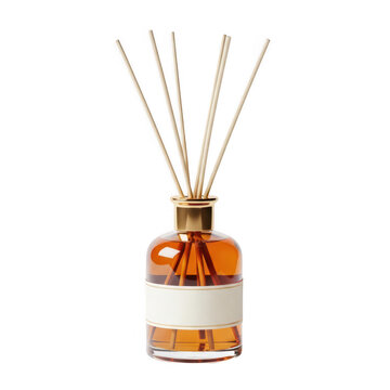 A glass reed diffuser bottle filled with amber essential oil and wooden sticks for home fragrance isolated on transparent background