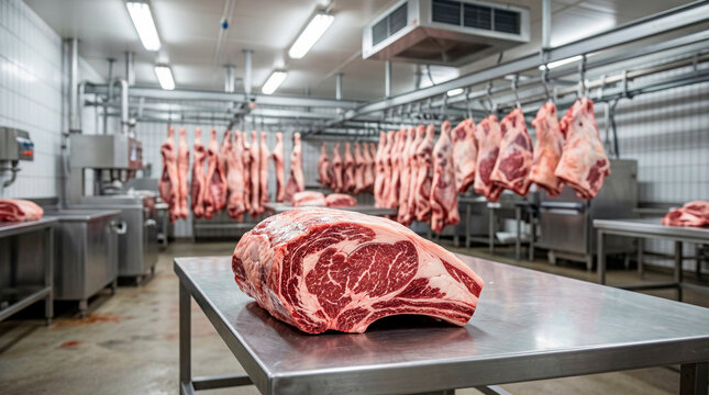 Large cut of raw marbled beef on a stainless steel table. Commercial meat processing plant with hanging carcasses in the background. Industrial slaughterhouse and butchery facility