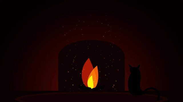 Cozy Fireplace With Cat Silhouette And Glowing Embers Minimalist Looping Background