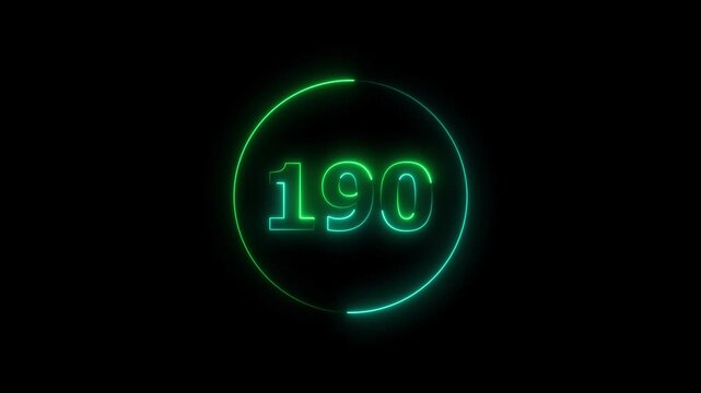 A circle animation, and glowing neon number 190 animation. on a black background. 4k video