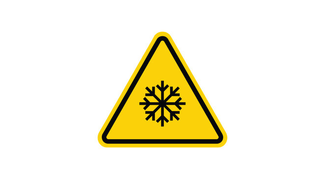 Yellow triangular warning sign with a black border and a snowflake symbol indicating cold weather or freezing conditions.