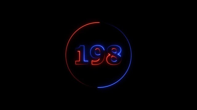 A circle animation, and glowing neon number 198 animation. on a black background. 4k video