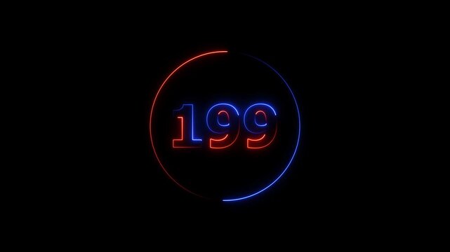 A circle animation, and glowing neon number 199 animation. on a black background. 4k video