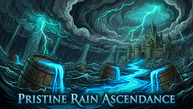 Dramatic fantasy illustration depicts wooden barrels overflowing with glowing blue liquid amidst a raging thunderstorm near a dark castle structure.