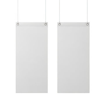 Two vertical blank rectangular banners hanging from thin wires with metallic grommets at the top isolated on transparent background