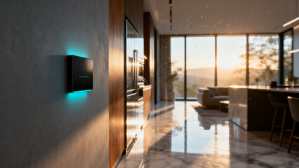 Fototapeta premium Smart Home Wall Charger glowing with blue light in a modern living room with sunset view