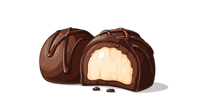 Two decadent chocolate truffles are shown with one cut open to reveal a creamy white filling inside on a white background.