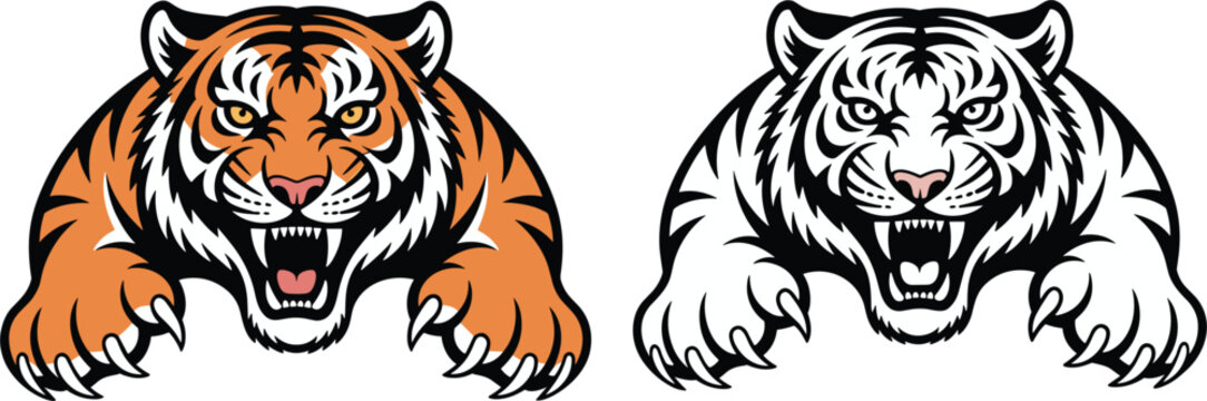 Roaring tiger head illustrations set, aggressive wild animal mascot design orange and white vector illustration