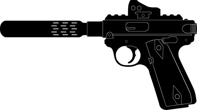 Black Silhouette Vector of a Ruger Mark IV Tactical Handgun with Suppressor