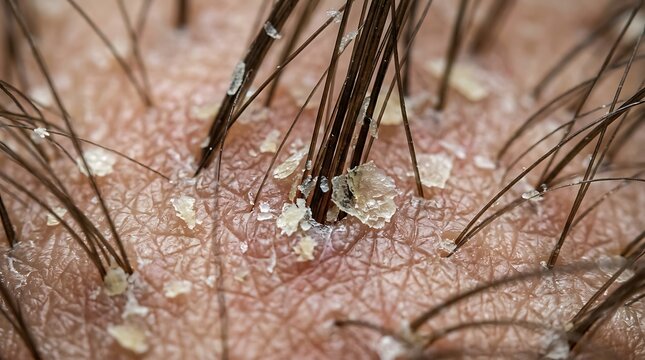 Close-up macro view of a human scalp displaying flaky white dandruff, pinkish-red inflammation, and brown hair follicles in a clinical dermatology setting captured from a imaging perspective