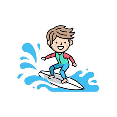 Fototapeta premium Happy Boy Surfing on White Surfboard with Blue Water Splash