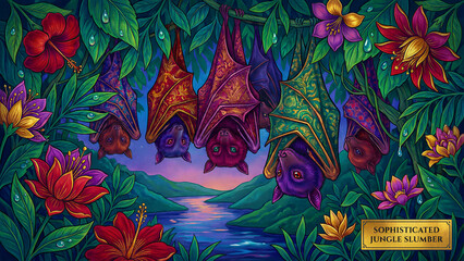Fototapeta premium Several vibrantly colored, ornately decorated fruit bats hang upside down nestled amongst lush green tropical foliage and dew drops.