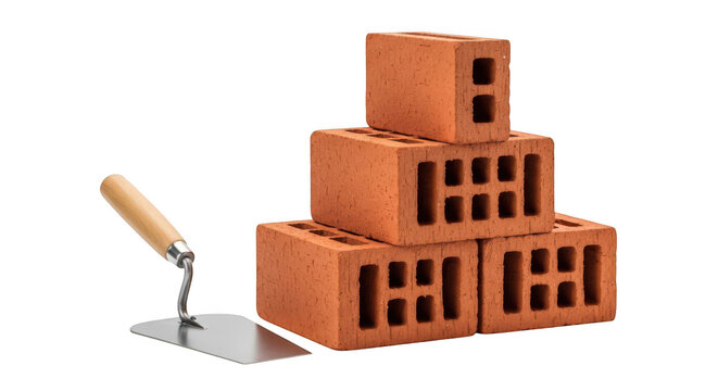 A stack of red bricks next to a trowel