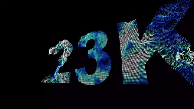 3 D Rendering of 22k to 23K Text with Particle Effects on Black Background with Explosive Motion glowing particles