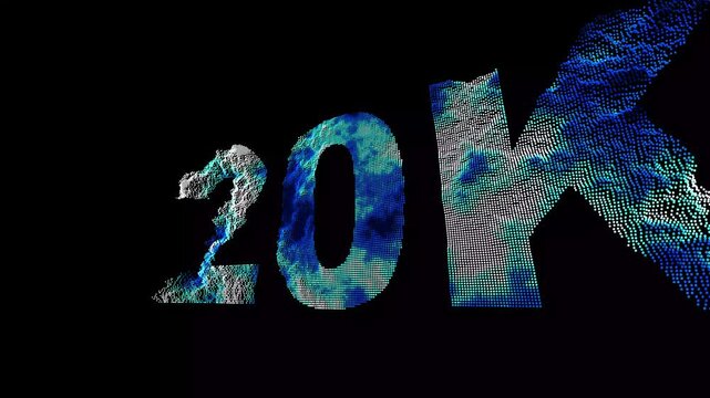 19K to 20K Text Animation with Particle Effects on Black Background with Explosive Motion glowing particles